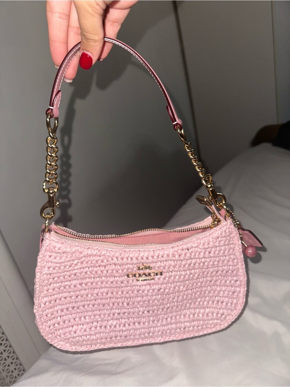 Coach Pink Crochet Teri Shoulder Bag with Gold Hardware